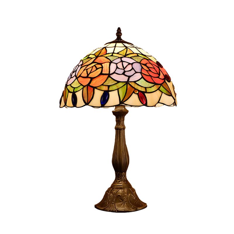 Domed Nightstand Light 1-Bulb Stained Art Glass Baroque Blossom Patterned Night Lighting in Red/Beige/Green