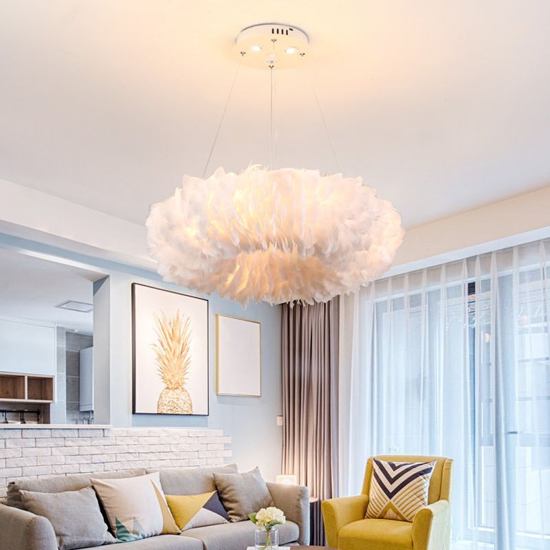 White Circular Hanging Lamp in Modern Fashionable Style Wrought Iron Chandelier with Feather Shade