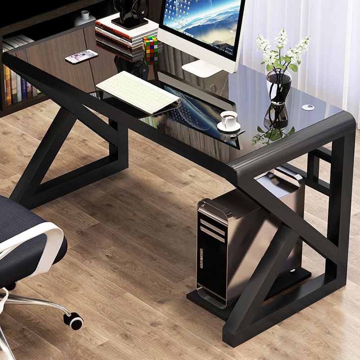 Contemporary Rectangular Computer Desk Toughened Glass Desktop Trestle Base Desk