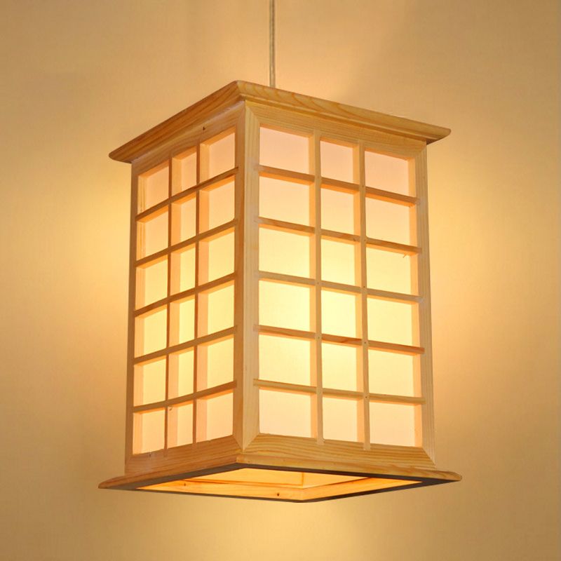 Asian 1 Head Pendant Light Beige House Suspended Lighting Fixture with Wood Shade