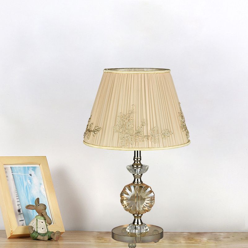 Beige Cone Night Lamp with Flower Design Modern Style Fabric Shade 1-Light Bedroom Desk Lighting