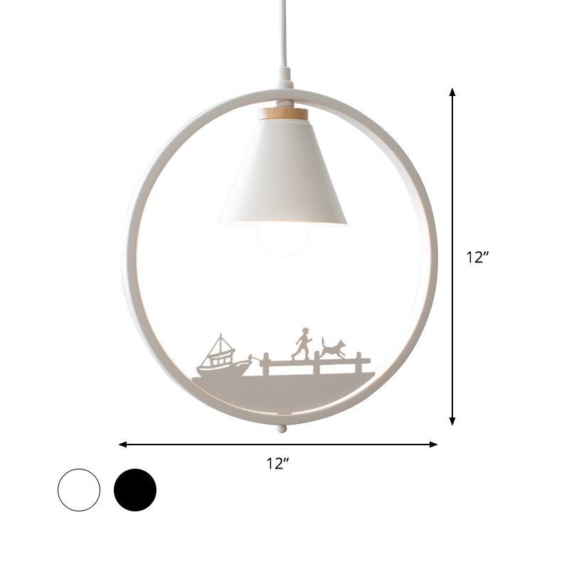 Iron Cone Shade Pendant Lamp Nordic 1 Bulb Black/White Hanging Light Fixture with Paper Cutting Decoration