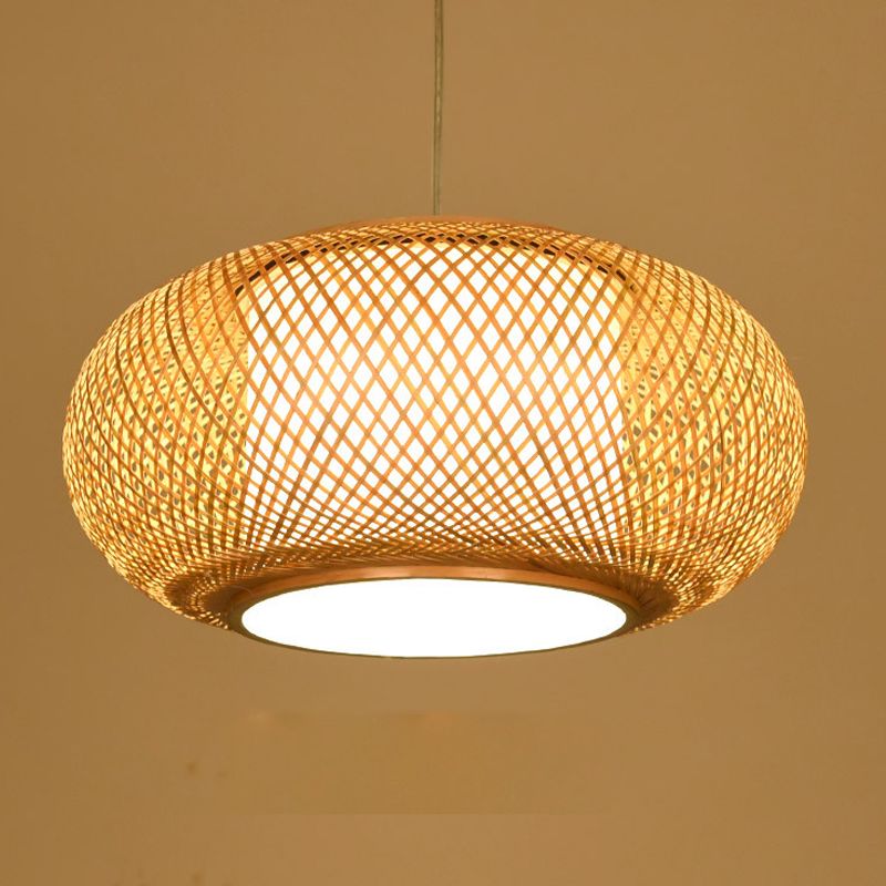 Wood Lantern Shape Pendant Light Modern Style 1 Light Hanging Lamp for Tea Room