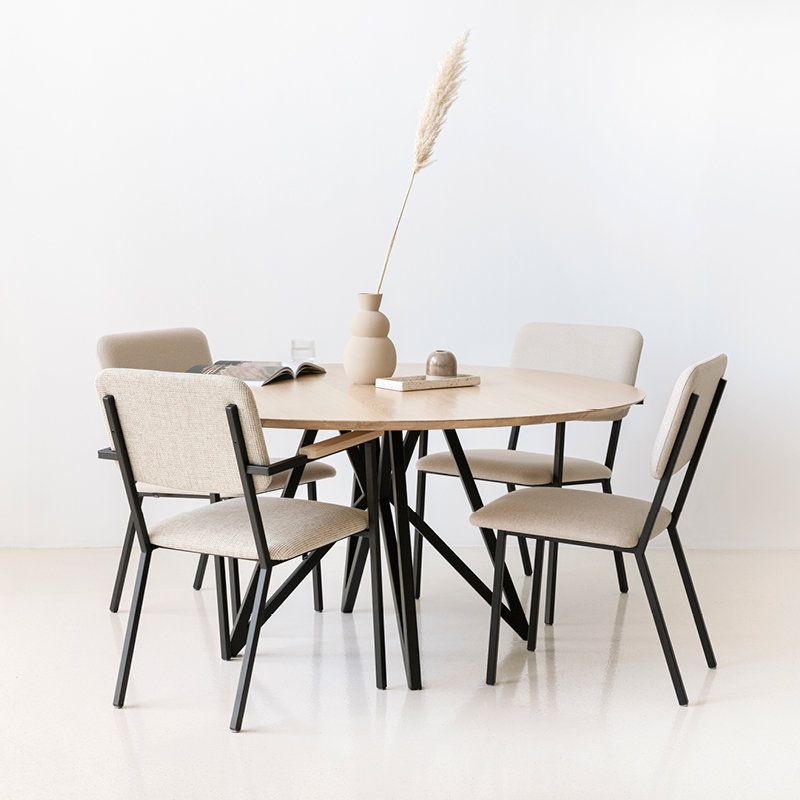 Metal Contemporary Round Dining Table Pine Wood Top Table for Dining Room