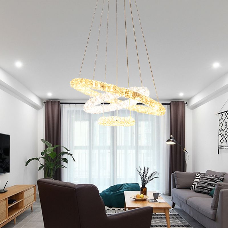 Crystal Beaded Ring Pendant Light Fixture Simple Style Chrome LED Chandelier Lamp, Warm/White/Natural Light