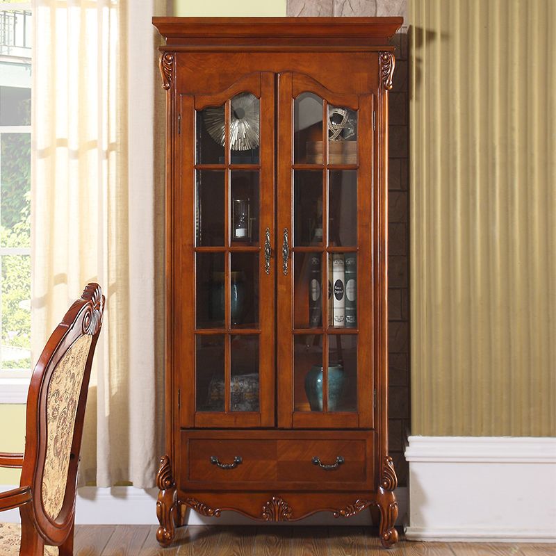 Traditional Rubberwood Display Stand Glass Doors Storage Cabinet for Living Room