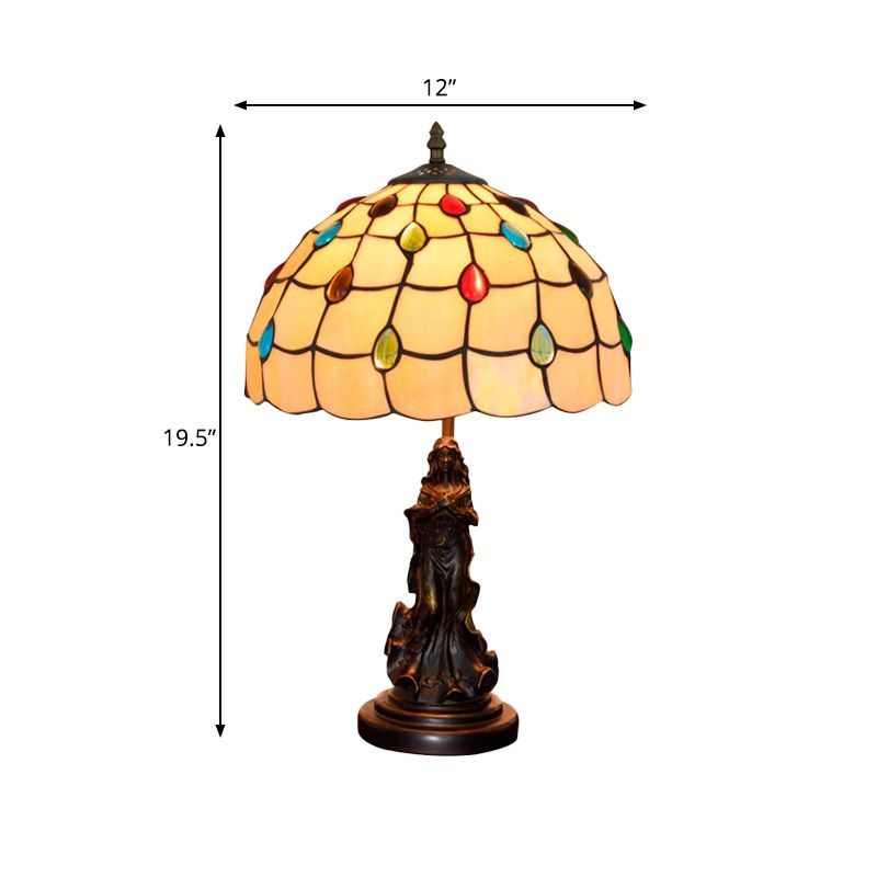 Cabochons-Embellished Grid Night Light 1-Light White/Beige Glass Tiffany Table Lamp with Angel Decor