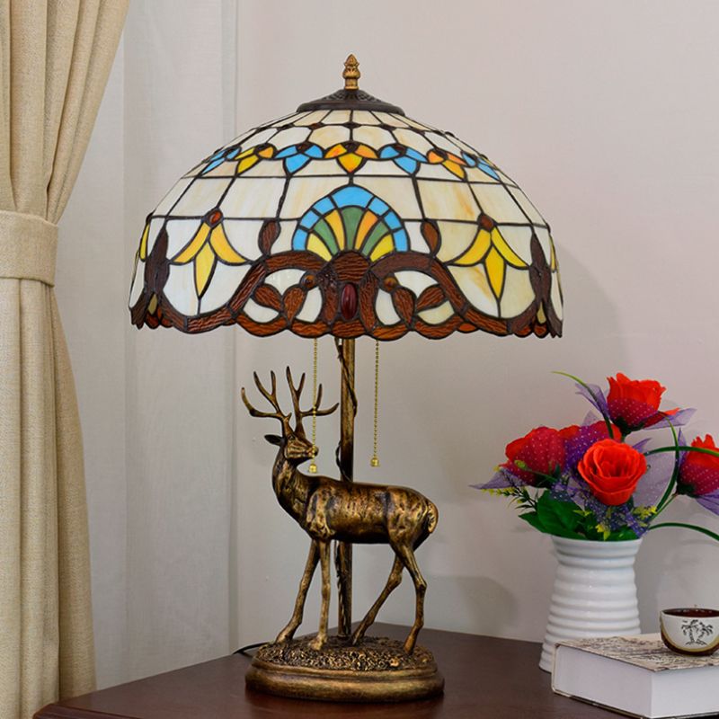 2-Light Parrot Pull Chain Table Lighting Tiffany Beige/Blue-White Stained Glass Night Stand Lamp with Deer Decoration