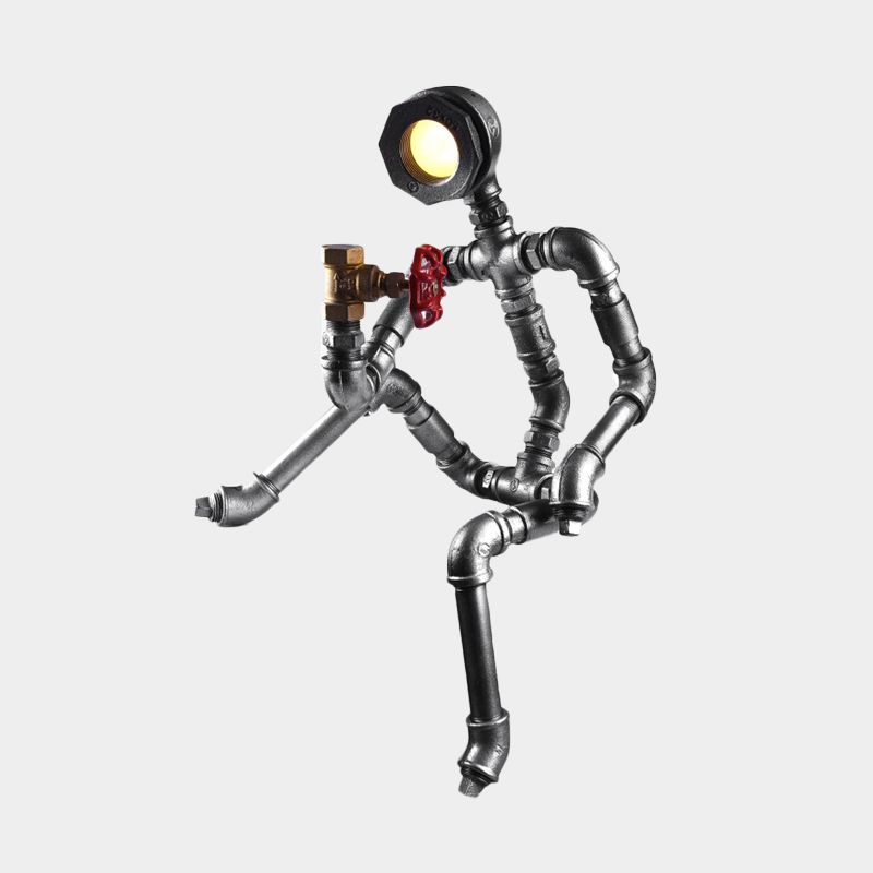 LED Table Light Industrial Thinking Robot Iron Plug-In Night Lamp in Silver with Red Valve