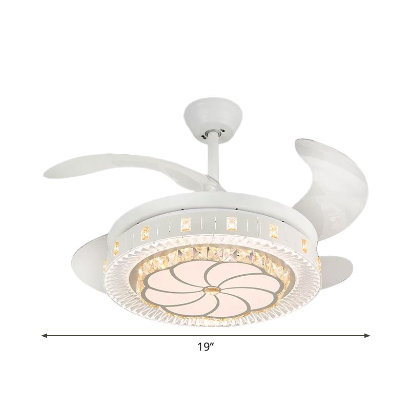 19" Wide White Layered Ceiling Fan Light Modernist LED Crystal Semi Flush Mount, 4 Blades