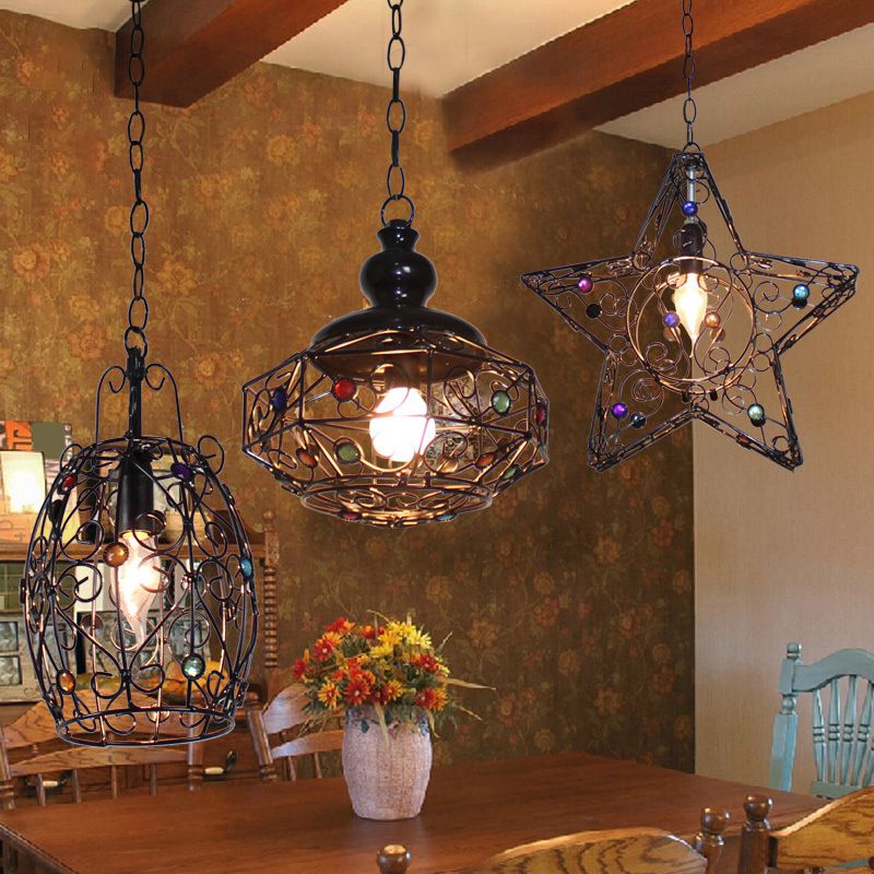 Barrel/Lantern/Scalloped Restaurant Pendant Rustic Iron 1 Light Black Hanging Ceiling Light with Colorful Bead Decor