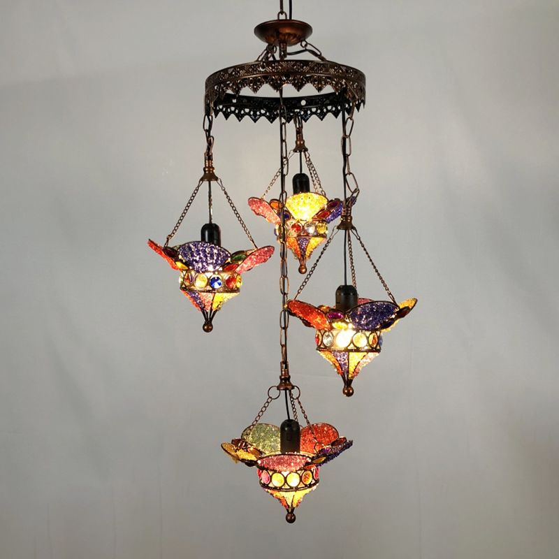 Lantern Metal Chandelier Lighting Fixture Bohemian 4 Bulbs Restaurant Ceiling Light in Yellow/Orange/Purple