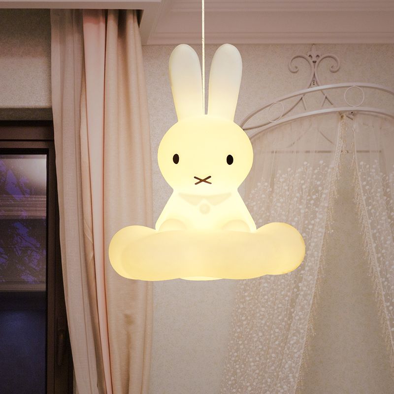 1 Light Kids Room Pendulum Light Cartoon White Ceiling Hang Fixture with Rabbit and Cloud Plastic Shade