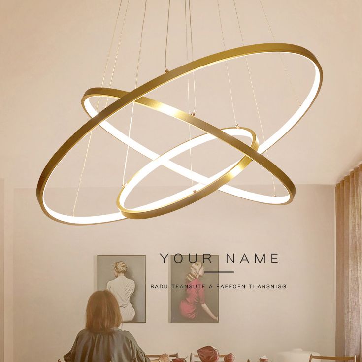 Gold Three Rings Hanging Chandelier Simplicity LED Metal Suspension Pendant Light