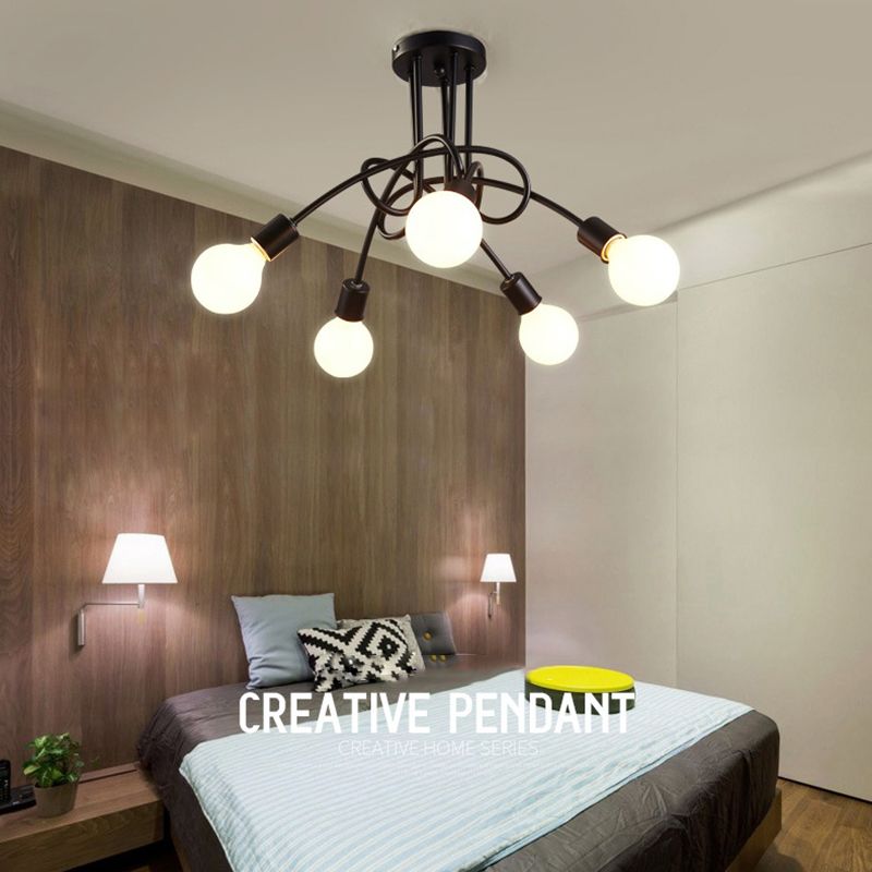 Bare Bulb Black Semi Flush Mount in Industrial Retro Style Wrought Iron Radial Ceiling Fixture