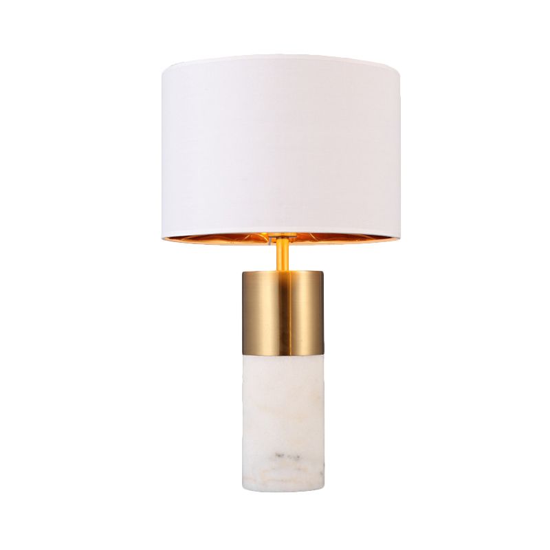 1 Head Cylindrical Desk Lamp Modern Fabric Table Light in White with Marble Base