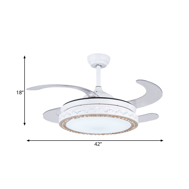 Acryl ronde hangende ventilatorlamp 42 "W LED LEDE ROOM SEMI SEMI VLOK MOUNT plafondlicht in wit met 4 messen, afgelegen/muurregeling/afstandsbediening en muurregeling