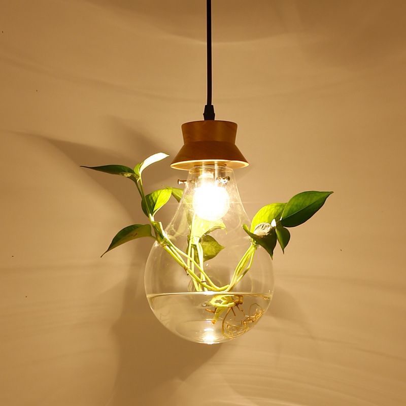 Wooden Black Plant Hanging Lamp Bulb Shaped 1 Light Vintage LED Suspension Pendant for Restaurant