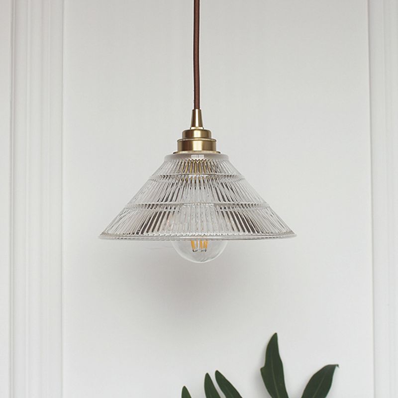 Cone Clear Ribbed Glass Pendulum Light Minimalist 1-Light Dining Table Suspension Lamp in Brass