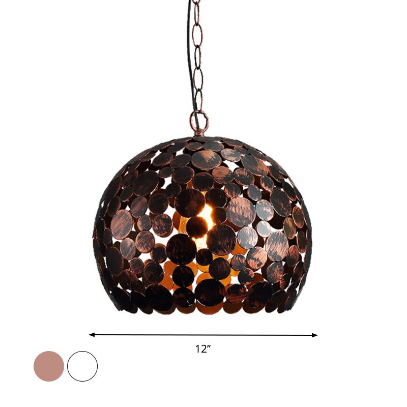 Hollowed Out Dome Iron Hanging Light Modern 1 Bulb Living Room Ceiling Pendant Lamp in Red Brown/White