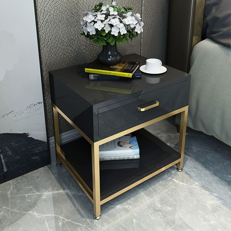 Modern Metal Night Table Lower Shelf Bedside Cabinet with Drawer for Bedroom