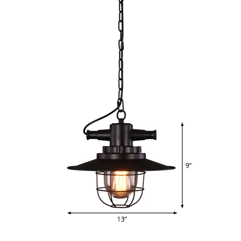 Single-Bulb Saucer Pendulum Light Industrial Black Iron Ceiling Pendant with Cage and Clear Glass Shade