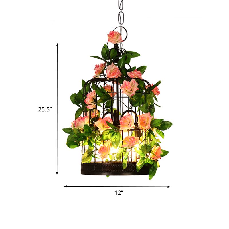 3-Head Birdcage Ceiling Chandelier Loft Black Iron Suspension Pendant Light with Rose and Leaf