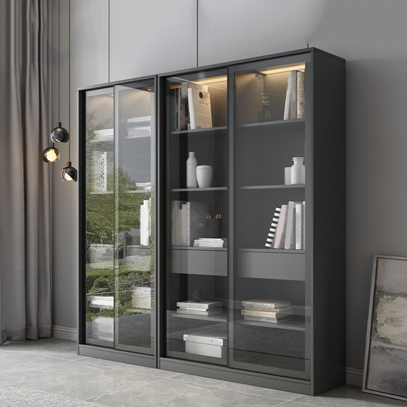 Faux Wood Modern Storage Cabinet Glass Sliding Doors Display Cabinet for Living Room