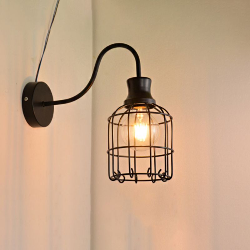 Metal Bird Cage Wall Mount Lighting with Gooseneck Arm Vintage 1 Head Wall Light Sconce in Black