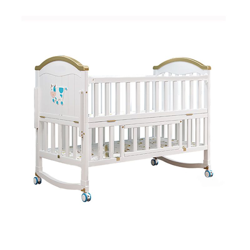 Contemporary White Baby Crib with Guardrail and Casters and Storage