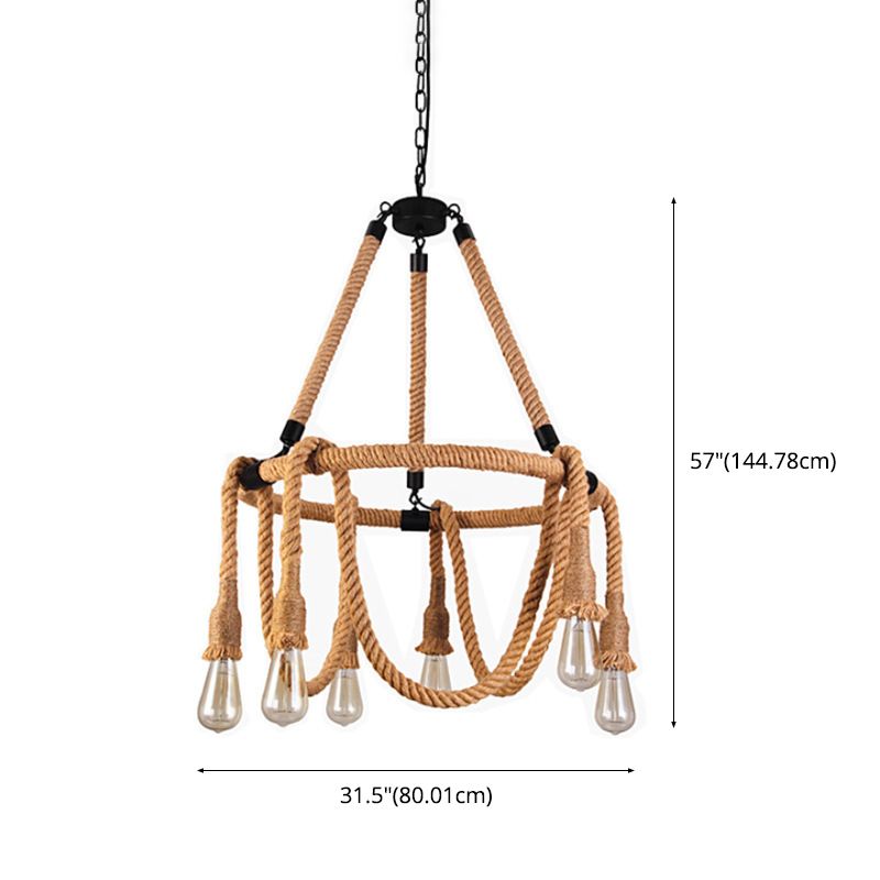 Industrial Chandelier Bare Bulb Manila Rope Vintage Room Light Shop Light