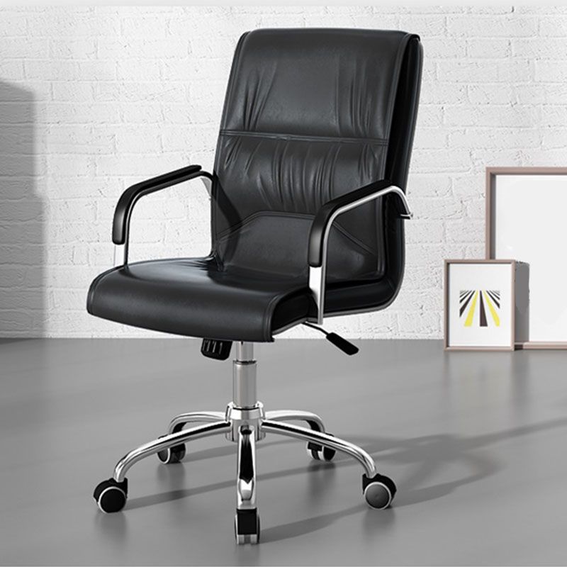 High Back Fixed Arms Chair Leather Black Faux Leather Office Chair