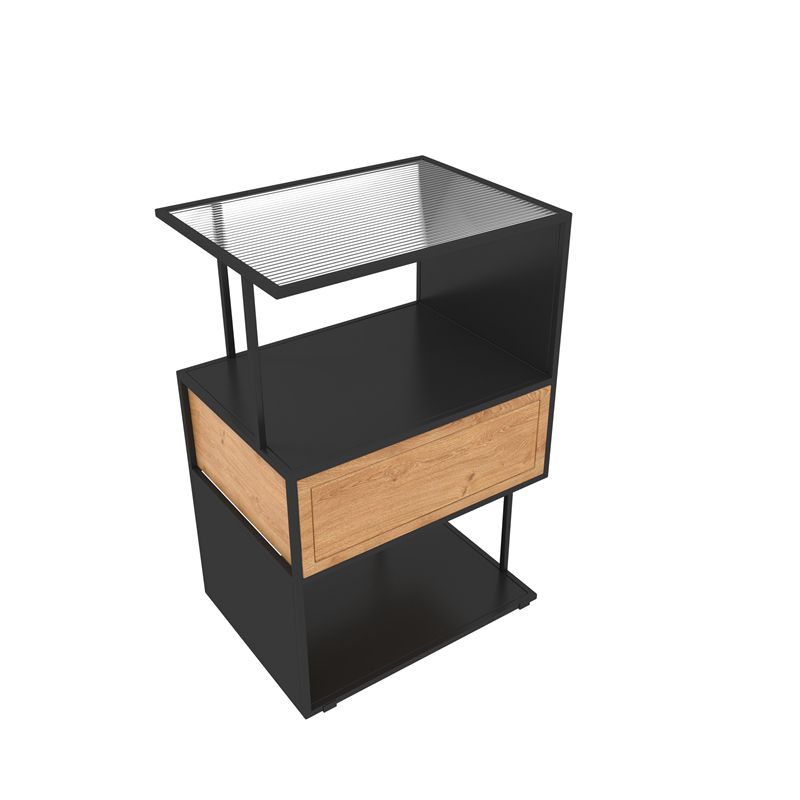 Modern Glass Top Night Table Open Storage 24 Inch Tall 1-Drawer Shelf Included Nightstand