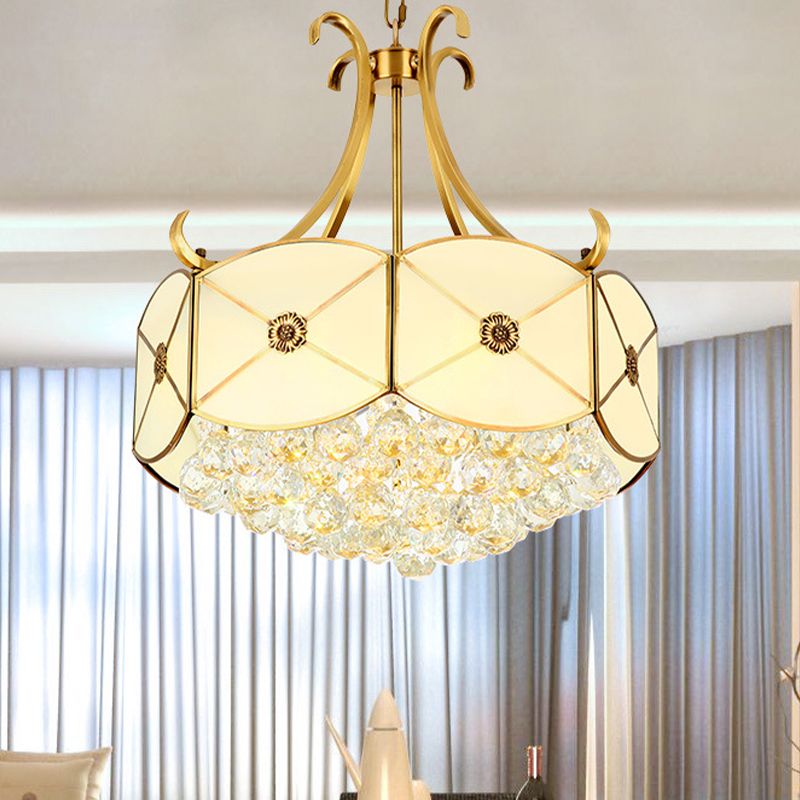 Trommelrestaurant plafond kroonluchter koloniaal ivoor glas 4 koppen goud hangende lichtarmatuur met kristallen bal