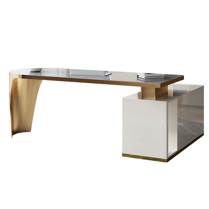 L-Shape Executive Desk Glam with Drawers Office Desk with Chrome Metal Base