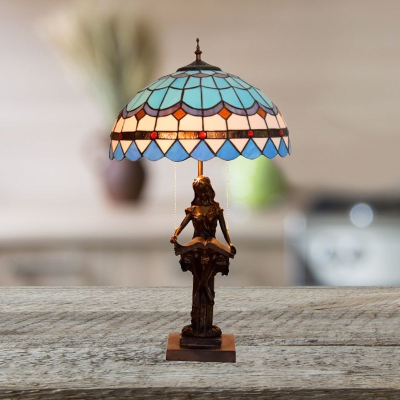 Tiffany-Style Girl Studying Table Light 2 Bulbs Resin Pull-Chain Night Lamp with Grain/Grid/Floral Beige/Blue-White/Blue-Brown Glass Shade