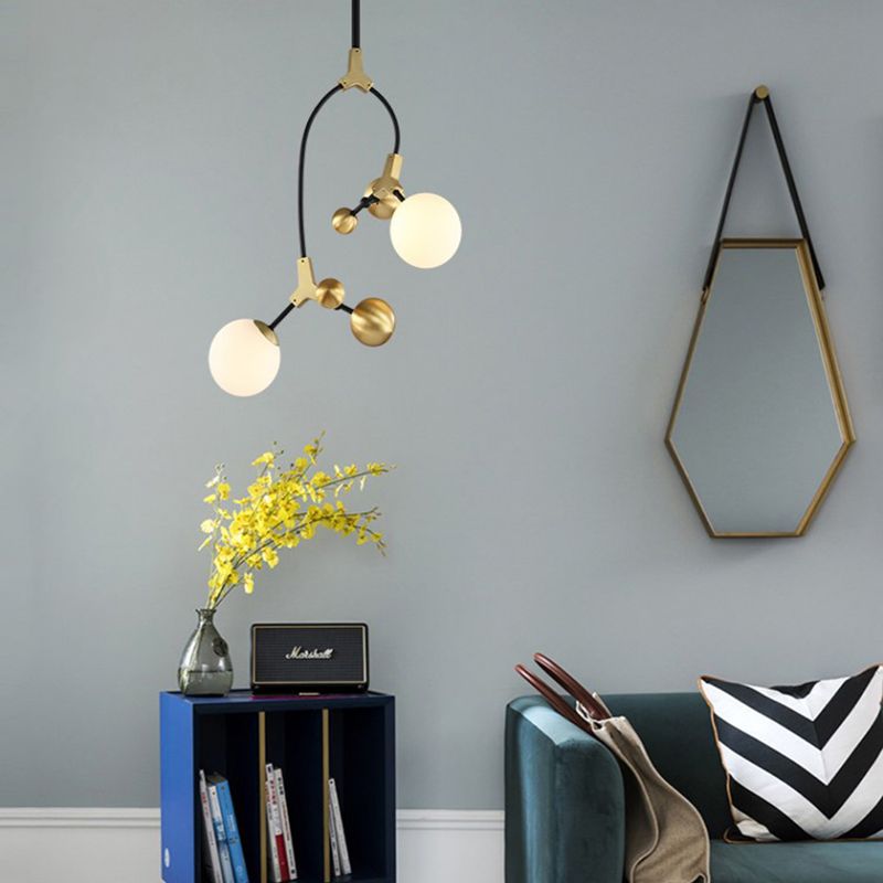 Modern Ball Hanging Lamp Iron 2/5/7-Head Bedroom Chandelier Pendant Light in Brass with White Glass Shade