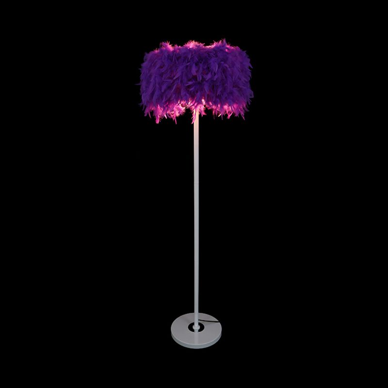 Burgundy/Purple/Pink Drum Floor Light Minimalistic 1-Bulb Feather Standing Floor Lamp for Living Room