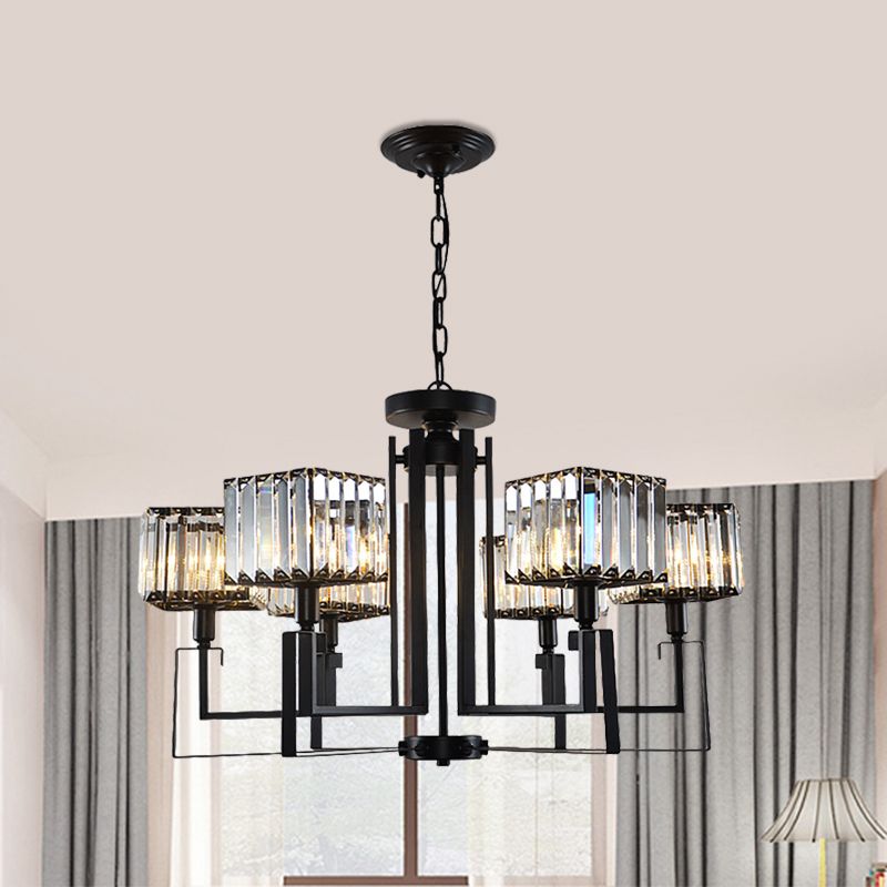 6/8 Heads Crooked Metal Frame Hanging Light Modern Black Clear Crystal Cubic Shade Chandelier Lighting