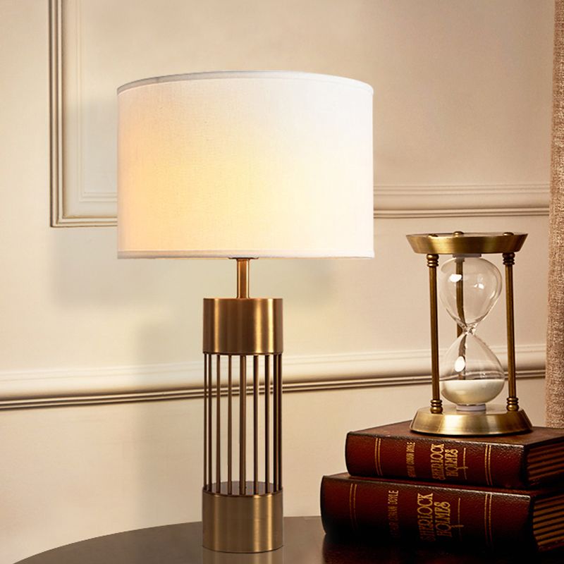 Drum Fabric Desk Lamp Traditional 1 Light Bedroom Reading Light in Brass with Cylinder Base