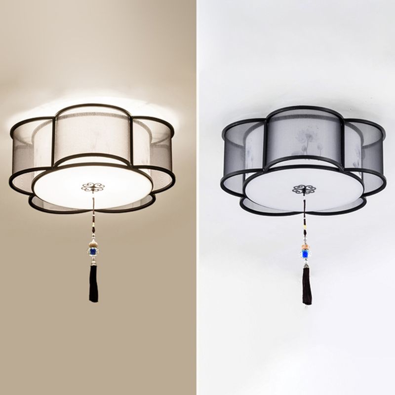 New Chinese Style Ceiling Light Geometry Shape Ceiling Lamp with Fabric Shade for Bedroom