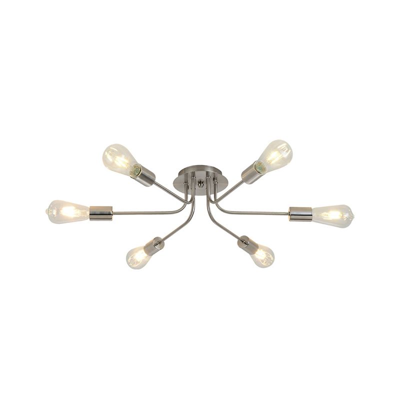 Industrial Style Branch Semi Mount Lighting Metallic 6 Lights Ceiling Flush Mount with Exposed Bulb in Brass/Nickel