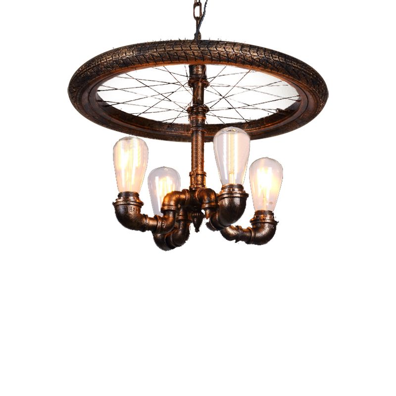 Wagon Wheel Metal Light Chandelier Retro Rustic 4-Light Dining Room Pendant Lighting in Bronze