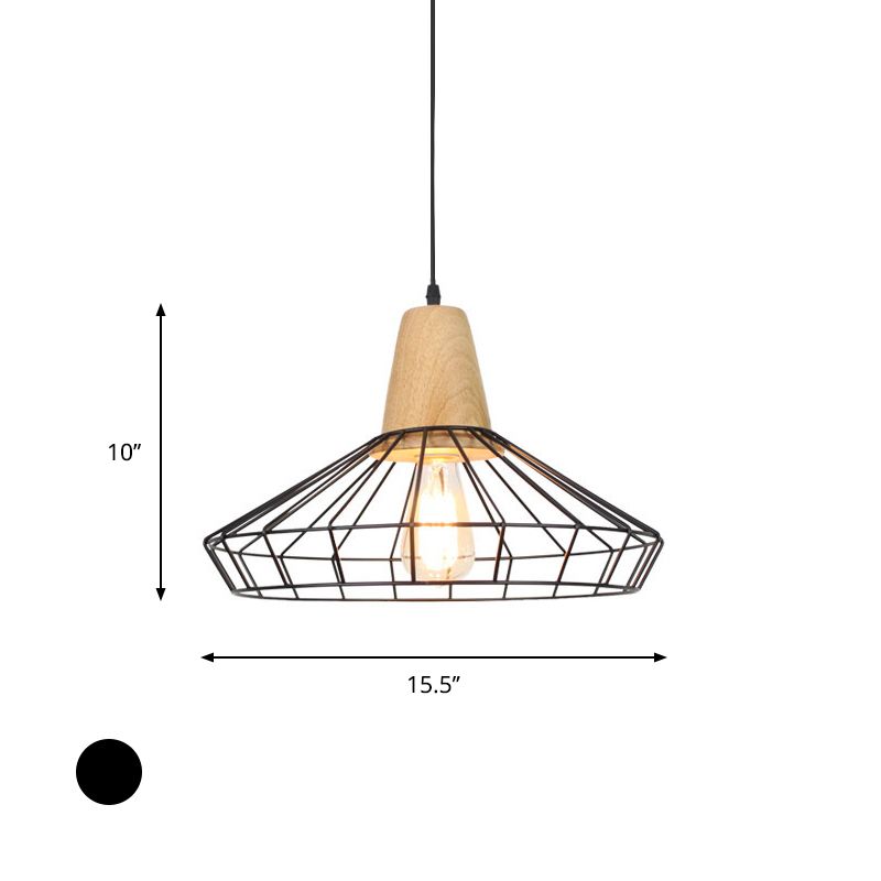 Industrial Saucer/Polygon/Diamond Pendant Lighting Fixture 1 Head Metal and Wood Ceiling Light with Cage Shade in Black