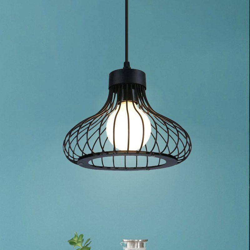 1 Light Onion Ceiling Hanging Light with Wire Cage Retro Black Metal Pendant Lighting for Kitchen