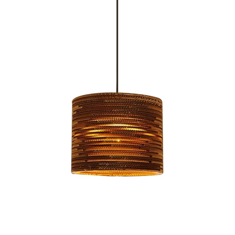 1 Bulb Bistro Pendant Lighting Rustic Brown Pendulum Light with Geometric/Cylinder/Bellied Corrugated Paper Shade