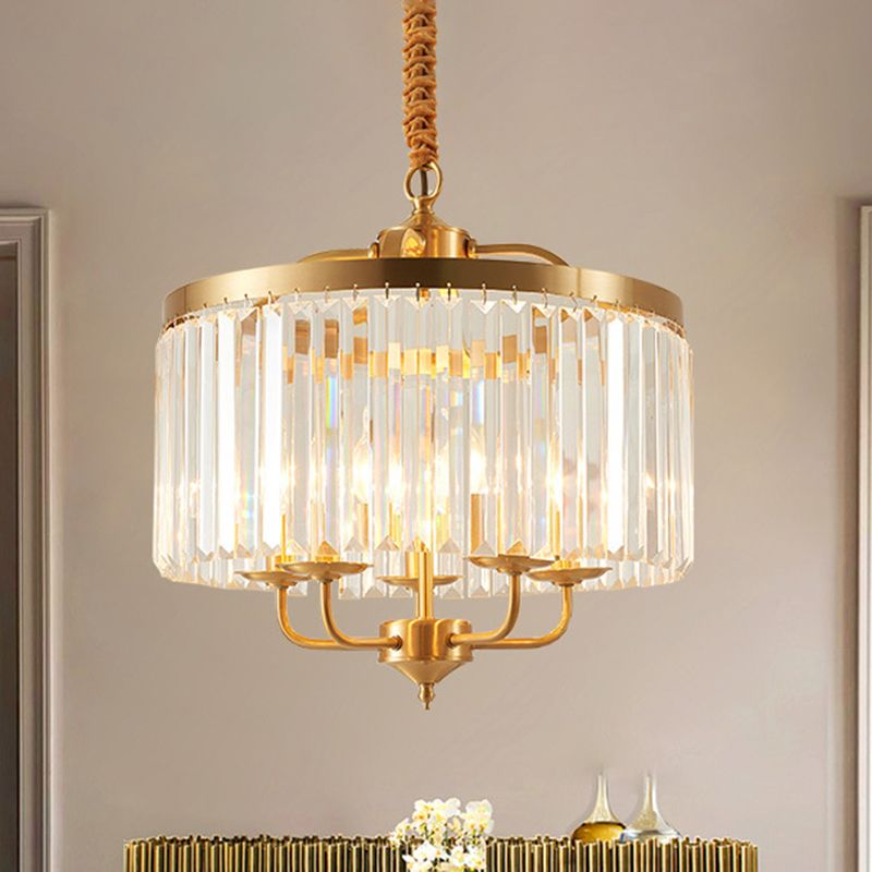 Crystal Cylinder Chandelier Lighting Modernist 4 Heads Hanging Pendant Light in Brass with Curved Metal Arm