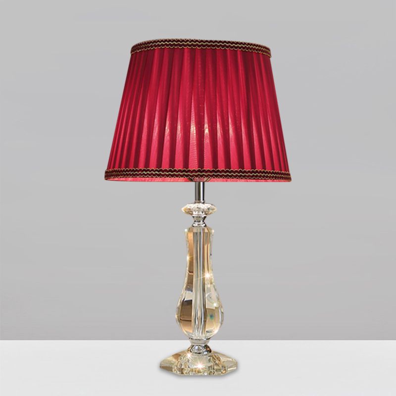 1 Head Flared/Pleated Shade Table Light Traditional Beige/Burgundy/Sky Blue Fabric Nightstand Lamp with Crystal Column