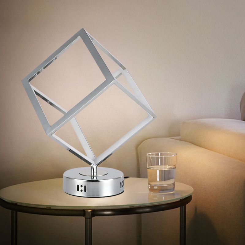 Cubic Frame Table Lighting Minimalist Metal LED Bedside Nightstand Lamp in Chrome with Round Base