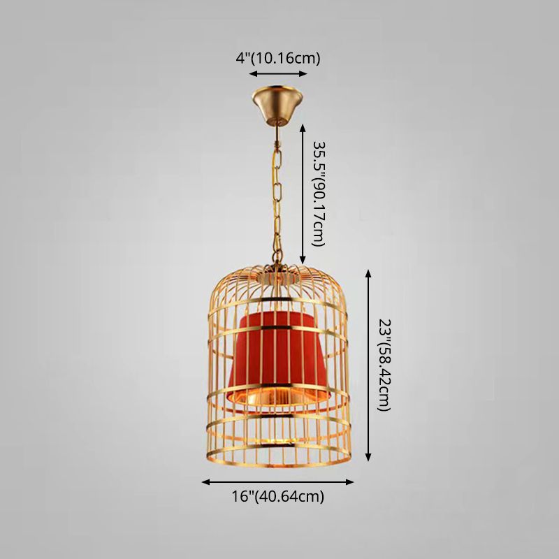 Gold Plated Birdcage Hanging Lamp Country Metal 1 Bulb Restaurant Ceiling Light with Cone Shade